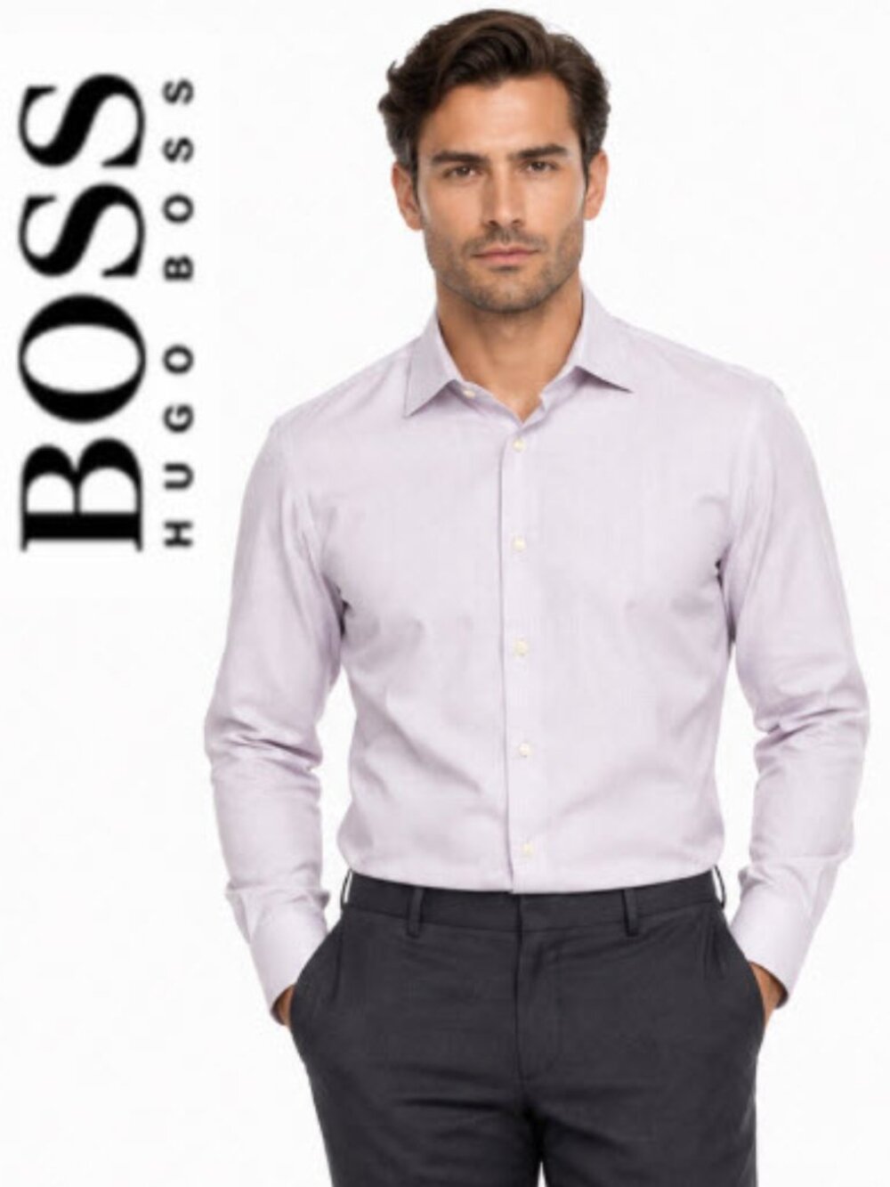 BOSS Pale Pink Long-Sleeve Dress slim fit Shirt size 16